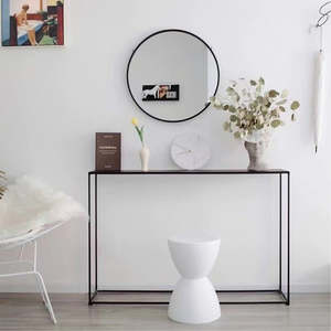 Home Furniture: Hallway Console Table with Black Steel Frame, Glass Top, and Storage