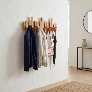 Home Furniture: Wood Wall Mounted Coat Rack with 6 Flip Down Hooks 44cm Foldable Bamboo Wall Hook Rack