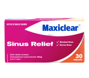 Products: MAXICLEAR Sinus Relief tabs Fairfield Pharmacy