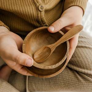 Home Corner And Dramatic Play: Mini Teak Wood Bowl, Plate and Spoon Set