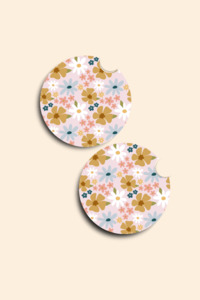 Car Accessories: Retro Floral Car Coasters - 2 Pack