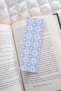 Stationery: Blue Floral Gingham Bookmark