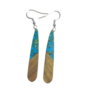 Wood Resin: Slender Tear Drop Earrings - Turquoise