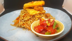 Crumbed Halloumi with Vegetable Chow Mein, Tomato salsa
