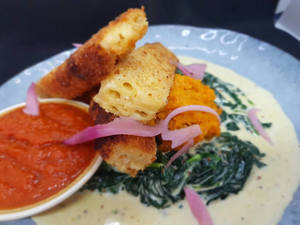 Crispy Macaroni Bites, Creamed Spinach & Salt-Baked Kumara (V)
