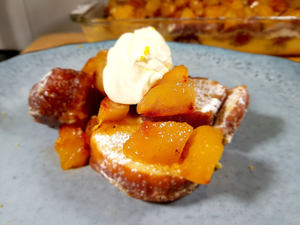 Cinnamon Doughnut “Bread N Butter’ Pudding with Roasted Apples and Sour Cream