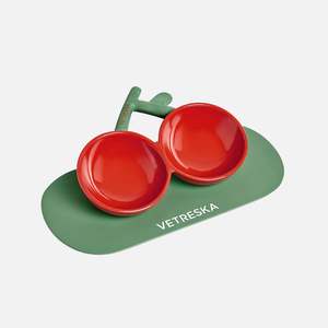 Cat: Ceramic Cat Bowl - Cherry with Placemat