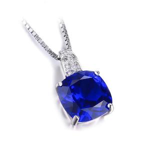 Jewellery: Blue Created Sapphire Pendant with 925 Sterling Silver Chain