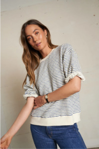 Perfect White Tee: PERFECT WHITE TEE - REBECCA 3/4 PUUFF SLEEVE SWEATSHIRT IN NAVY STRIPE