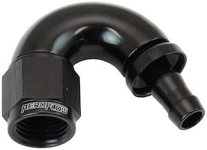 Hose Fittings: Aeroflow 510 Series Full Flow Tight Radius Push Lock 150° Hose End -6AN To 5/16" (8mm) Barb Black Finish. Suits 400 & 500 Series Hose (AF515-06-05BLK)