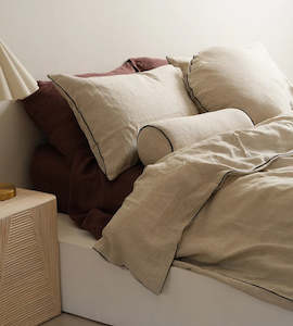 100% French Flax Linen Piped Duvet Set I Natural Oat/Black