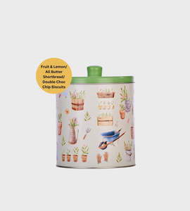 Pantry: Grandma Wild's Pottering Garden Round Tin 300g | Fruit & Lemon Shortbread and Dbl Choc Chip Biscuits