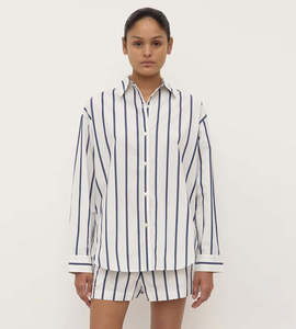 Shirts: Assembly label | Nara Stripe Long Sleeve Shirt | White/True Navy