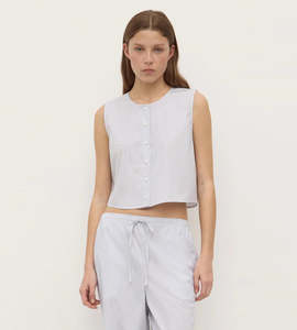 Assembly Label | Cora Stripe Button Front Top White/Navy Stripe