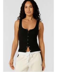 Tanks: Lorna Jane Retro Snap Button Rib Tank - Black