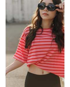 Tee Shirts: Rose Road Cropped Tee - Berry Stripes
