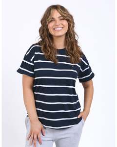 Tee Shirts: Elm Halli Short Sleeve Tee - Navy/White Stripe
