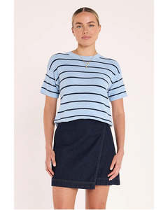 Tee Shirts: Feather + Noise Jasper Knitted Tee - Blue Navy Stripe