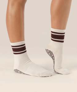 Move Active Crew Non Slip Grip Socks - Oat  Espresso Stripe