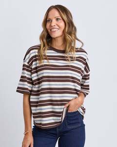Hoodies Crews: Foxwood Nika Stripe Short Sleeve Tee - Coffee