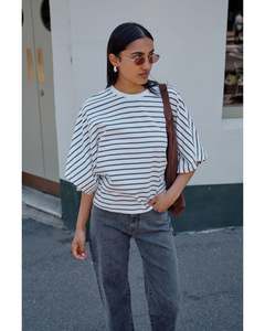Tee Shirts: Ceres Life Lucy Relaxed Sleeve Tee - Vanilla Fine Stripe