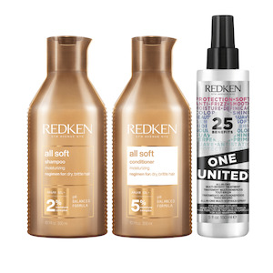 Redken All Soft Shampoo, Conditioner and One United Bundle