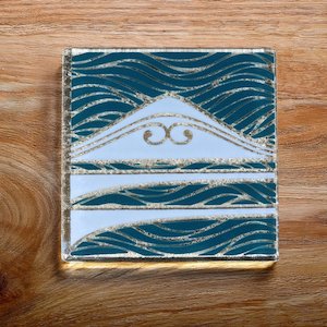 Glass Giftware: NZ Made Glass Coaster Te Maunga - Teal/Pearl - Single in display box