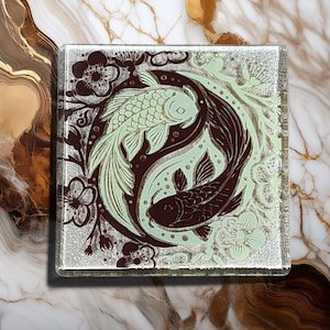 Glass Giftware: NZ Made Glass Coaster Koi Balance - Brown/Lemon - Single in display box