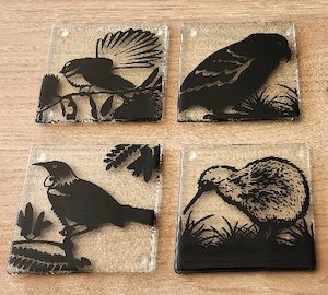 Nz Native Series: NZ Made Glass Coasters Mixed Birds - Blk - 4Pk w/stand
