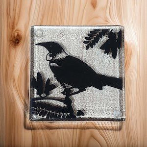 Nz Native Series: NZ Made Glass Coasters Tui - Blk - 4Pk w/stand