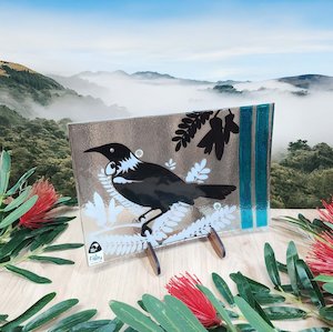 NZ Made Glass Platter/Plate - Native Tui/Kowhai - Blk/Wht/Aqua w/stand