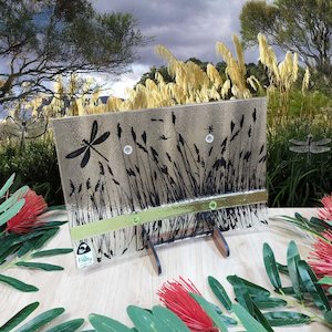 Medium Rectangles: NZ Made Glass Platter/Plate - Reflections Dragonfly - Lime w/stand