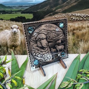 NZ Made Glass Paua Platter/Plate - Stamped Sheep - w/stand