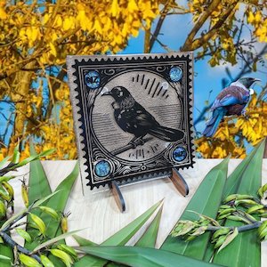 NZ Made Glass Paua Platter/Plate - Stamped Tui - w/stand