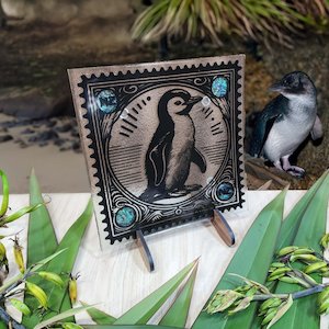 NZ Made Glass Paua Platter/Plate -Stamped Little Penguin - w/stand