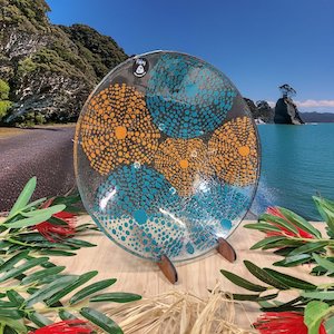 NZ Made Glass Bowl Kina 310mm - Teal/Terracotta w/stand
