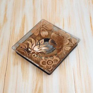 Soap Trinket Dishes: NZ Made Glass Rimu Candle/Ring Dish Wild Flowers - Copper