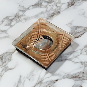 NZ Made Glass Rimu Candle/Ring Dish Ferns - Copper