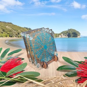 Coloured Print: NZ Made Glass Coasters Kina - Teal/Terracotta - 4Pk w/stand