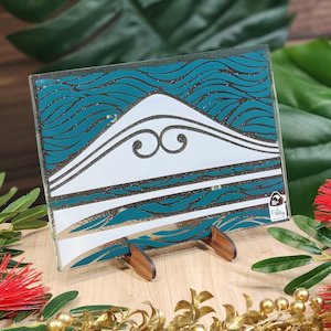 Coloured Print: NZ Made Glass Platter/Plate Te Maunga - Teal/Pearl w/stand