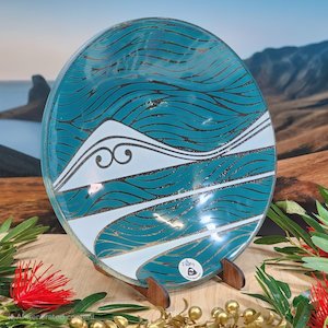 NZ Made Glass Bowl Te Maunga 310mm - Teal/Pearl w/stand