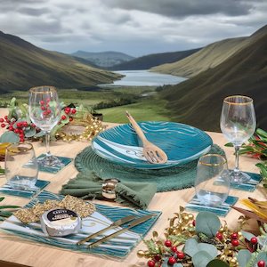 Coloured Print: NZ Made Glass Tableware Set Te Maunga - Teal/Pearl - 6pc