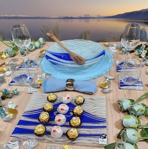 NZ Made Glass Tableware Set Te Maunga - Blue/Wht - 6pc