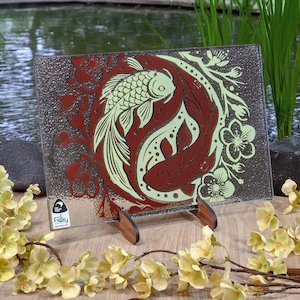 NZ Made Glass Platter/Plate Koi Balance - Brown/Lemon w/stand