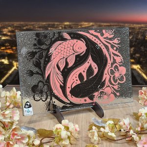 NZ Made Glass Platter/Plate Koi Balance - Pink/Black w/stand