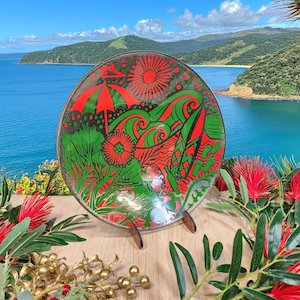 Glass Bowls: NZ Made Glass Bowl Kiwi Summer 310mm - Green/Red w/stand