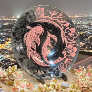 Glass Bowls: NZ Made Glass Bowl Koi Balance 310mm - Pink/Blk w/stand