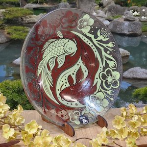 NZ Made Glass Bowl Koi Balance 310mm - Brown/Lemon w/stand