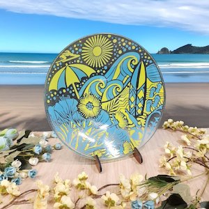 NZ Made Glass Bowl Kiwi Summer 310mm - Blue/Yellow w/stand