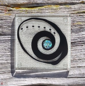 Glass With Paua: NZ Made Glass Coasters Paua Shell - Blk - 4Pk w/stand